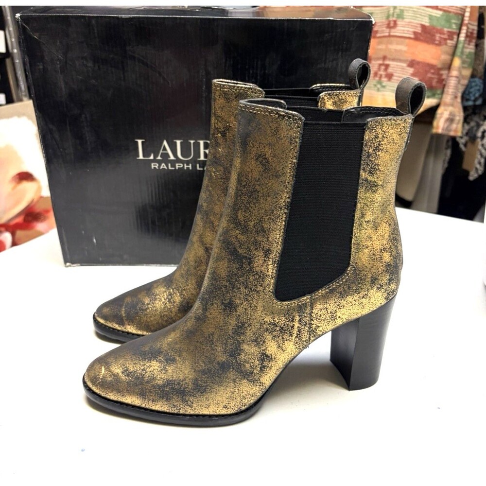 Lauren Ralph Lauren Mylah Ankle Chelsea Boots Metallic Bronze Gold Black 10B NIB